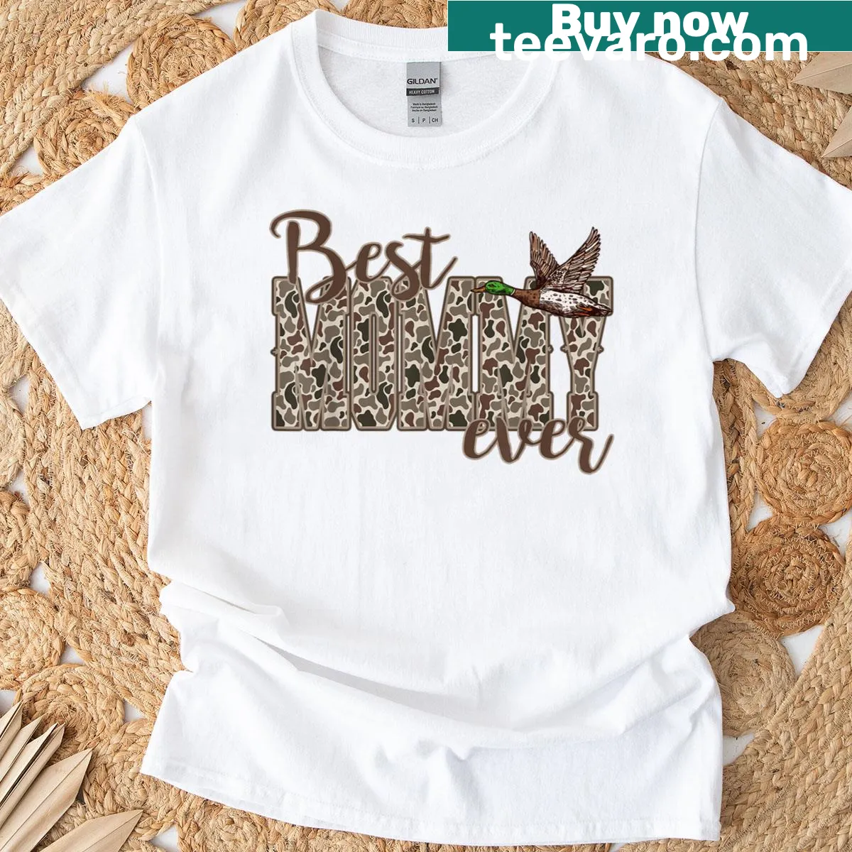 Camo T-shirt with 'Best Mommy Ever' text and duck motif — on a men's t-shirt