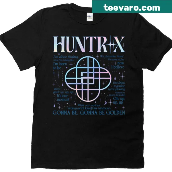 Oversized T-shirt featuring Huntrix logo and golden lyrics