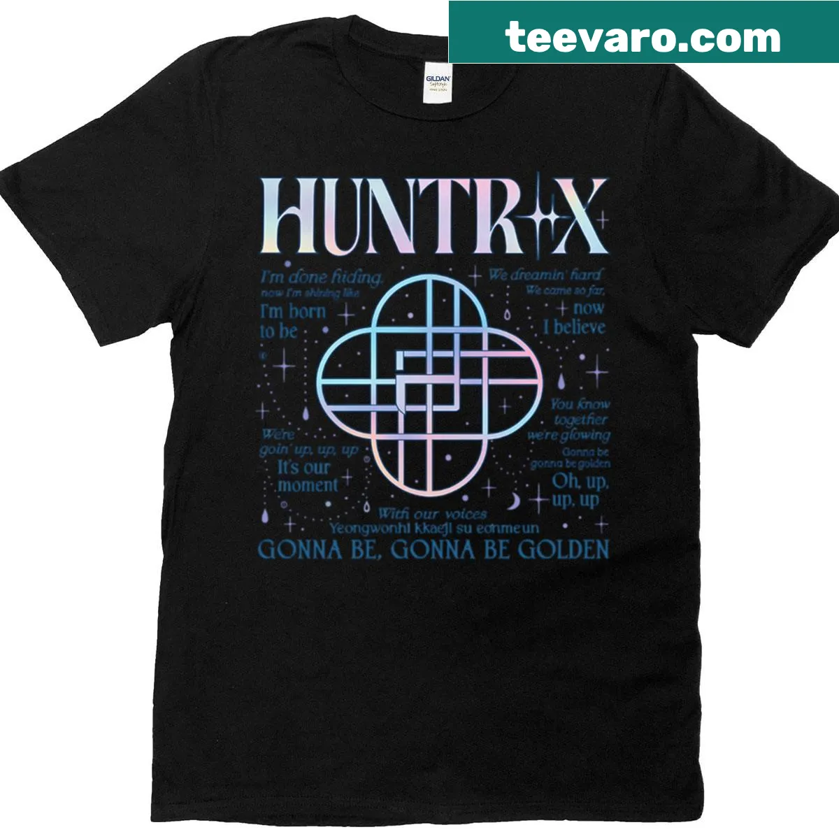Oversized T-shirt featuring Huntrix logo and golden lyrics — on a men's t-shirt