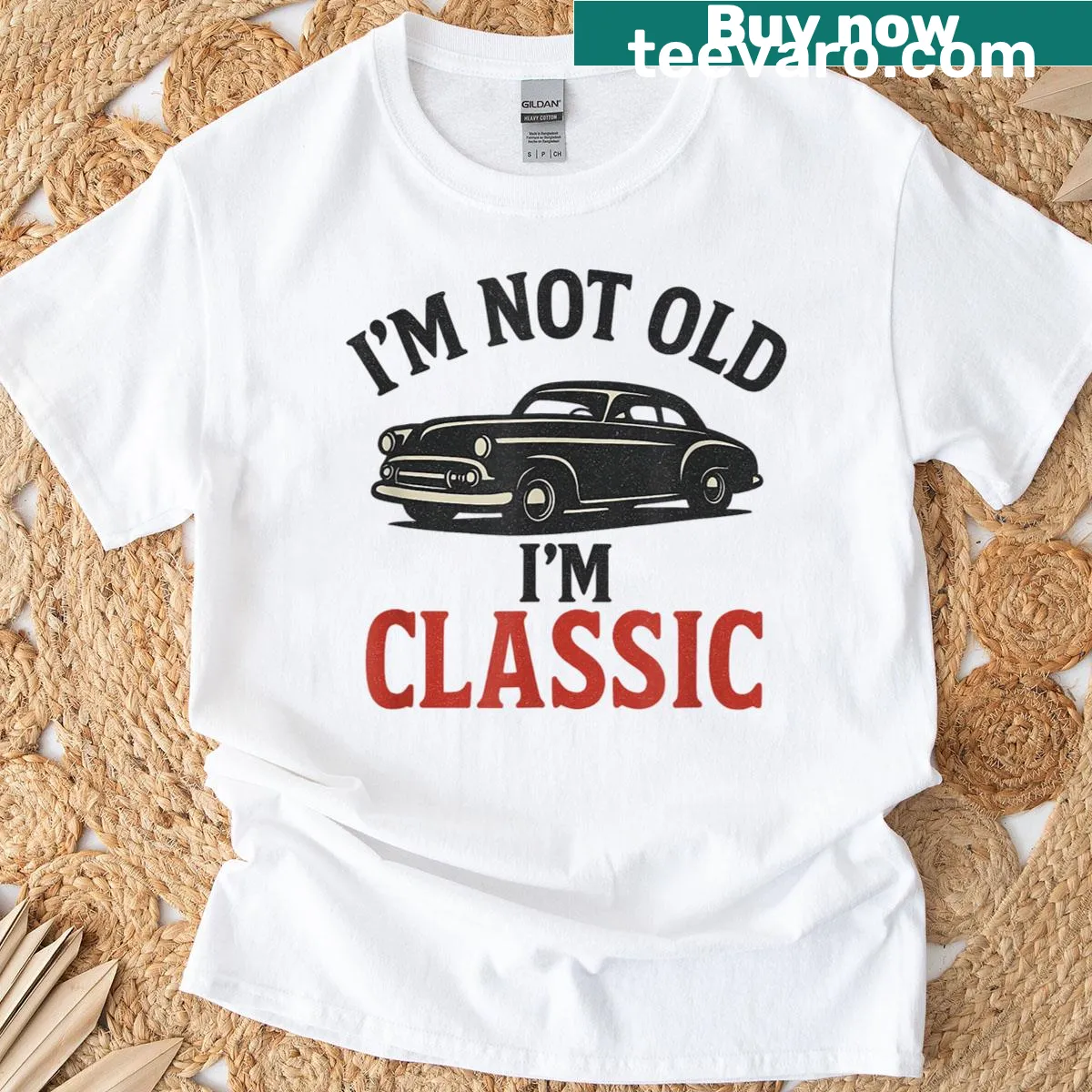 Vintage car graphic tee with funny text about aging — on a men's t-shirt