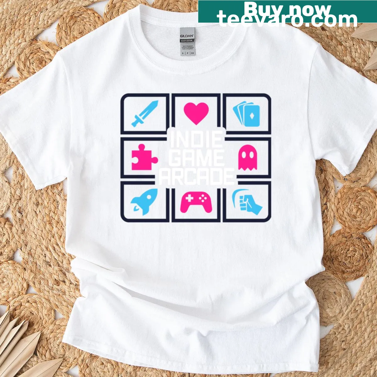 T-shirt featuring a colorful indie game podcast logo design — on a men's t-shirt