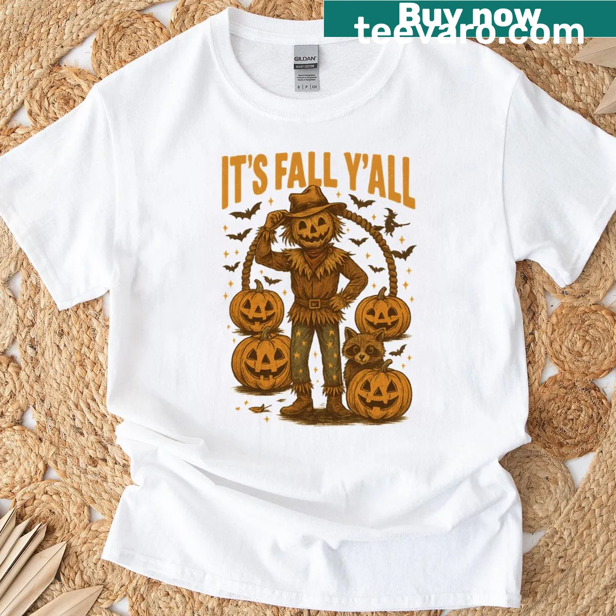 Thanksgiving T-shirt with scarecrow and text 'It's Fall Y'all' — on a men's t-shirt