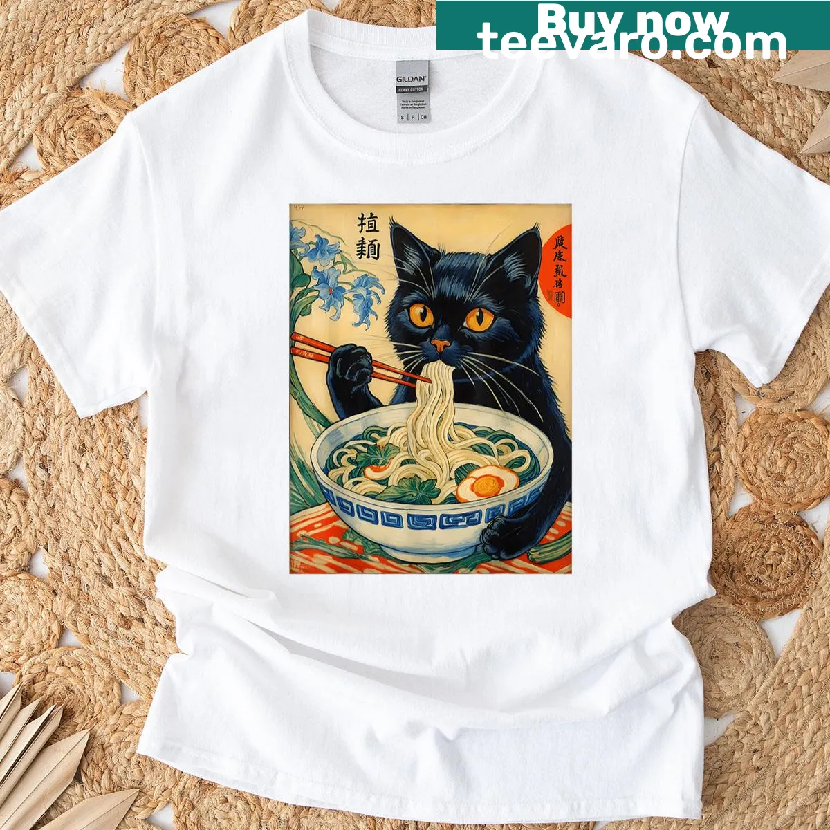 Vintage cat ramen T-shirt featuring a cat and Great Wave art — on a men's t-shirt
