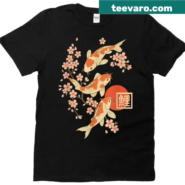 Vintage-style t-shirt featuring koi fish and cherry blossoms
