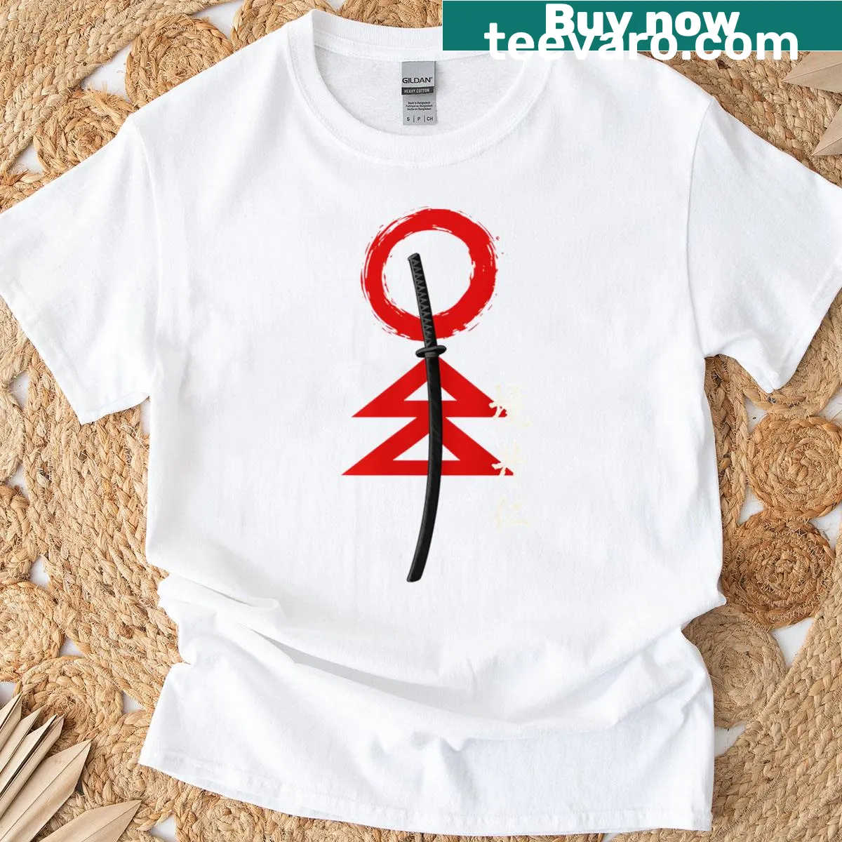 T-shirt showcasing Samurai sword warrior woodblock art inspired by Japanese culture. — on a men's t-shirt