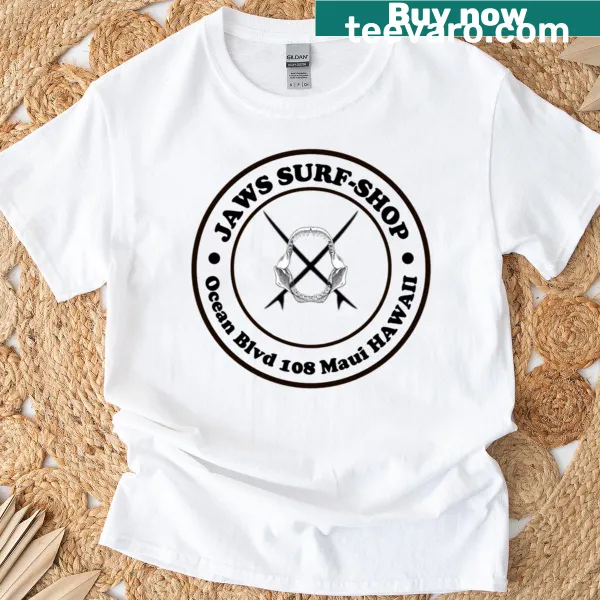 Iconic Jaws logo T-shirt featuring a shark silhouette for movie fans.