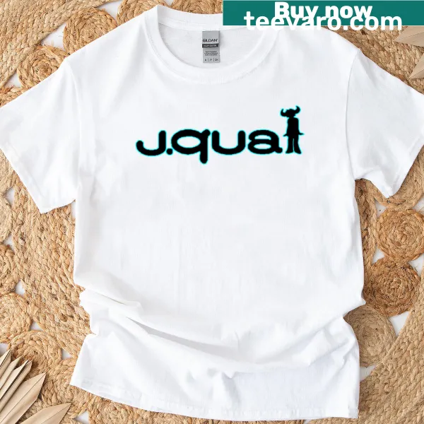 T-shirt featuring a playful graphic of the word 'Jquai' in black and blue