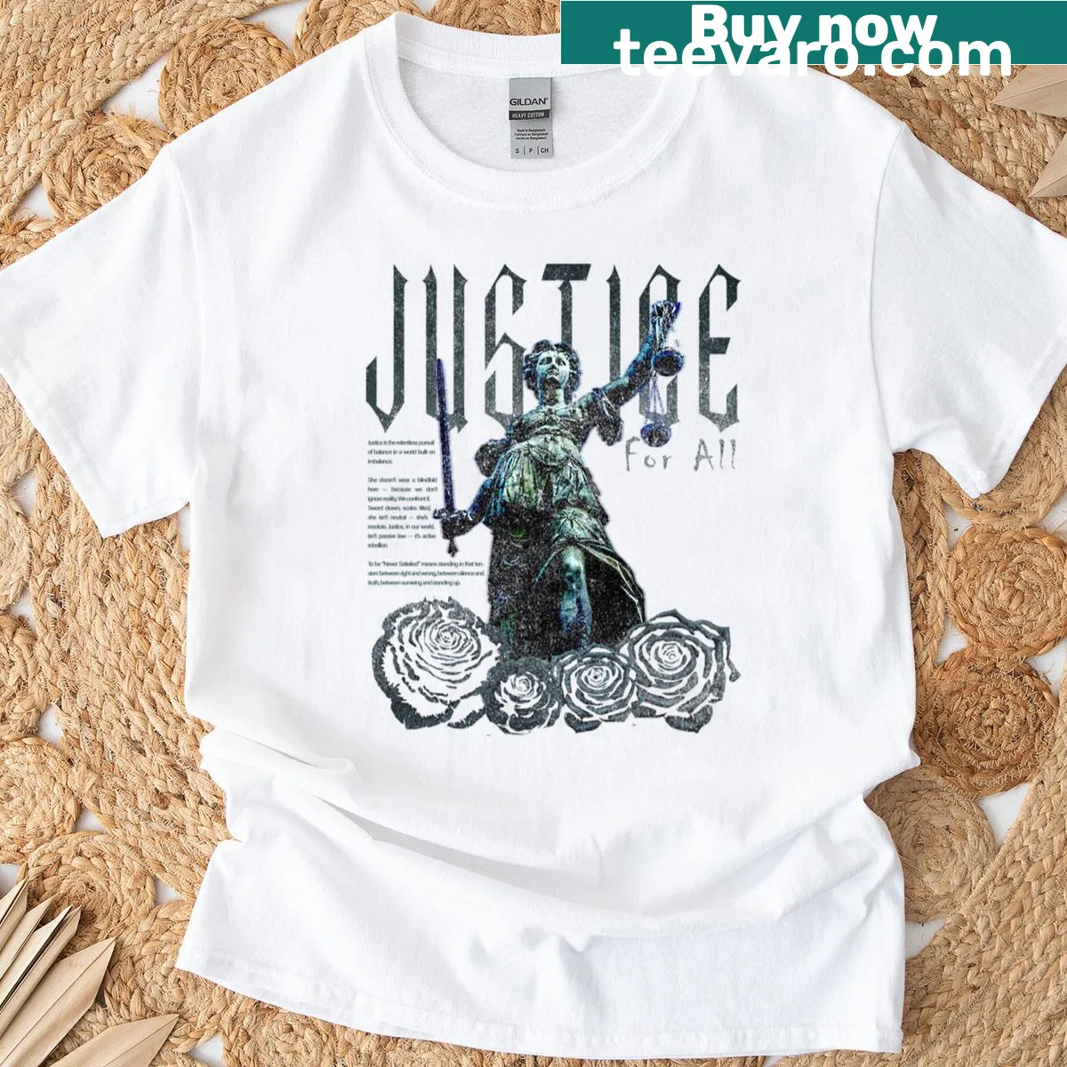 Lady Justice illustration T-shirt with gothic text and black roses — on a men's t-shirt