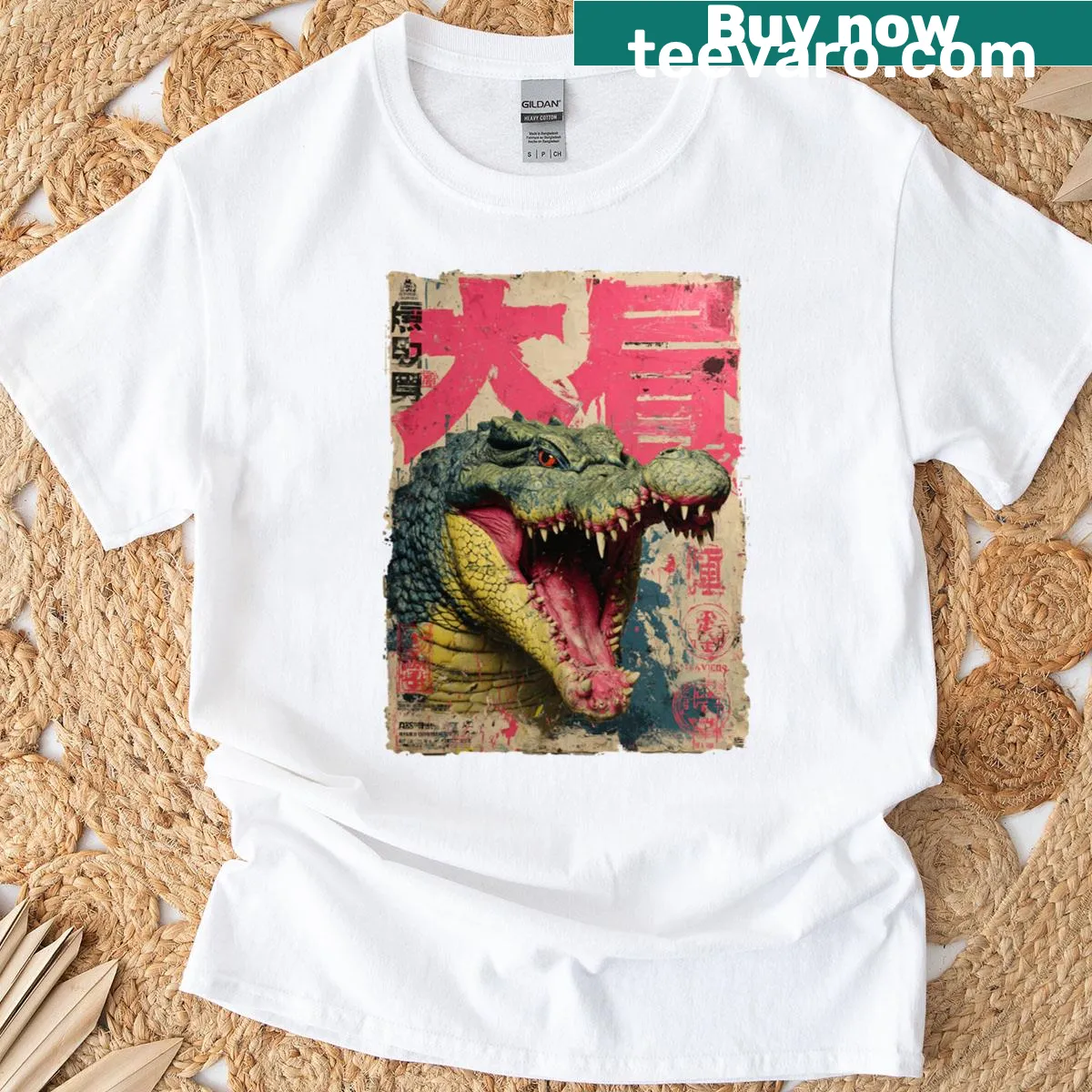 Vintage-style T-shirt featuring a kaiju crocodile monster design — on a men's t-shirt