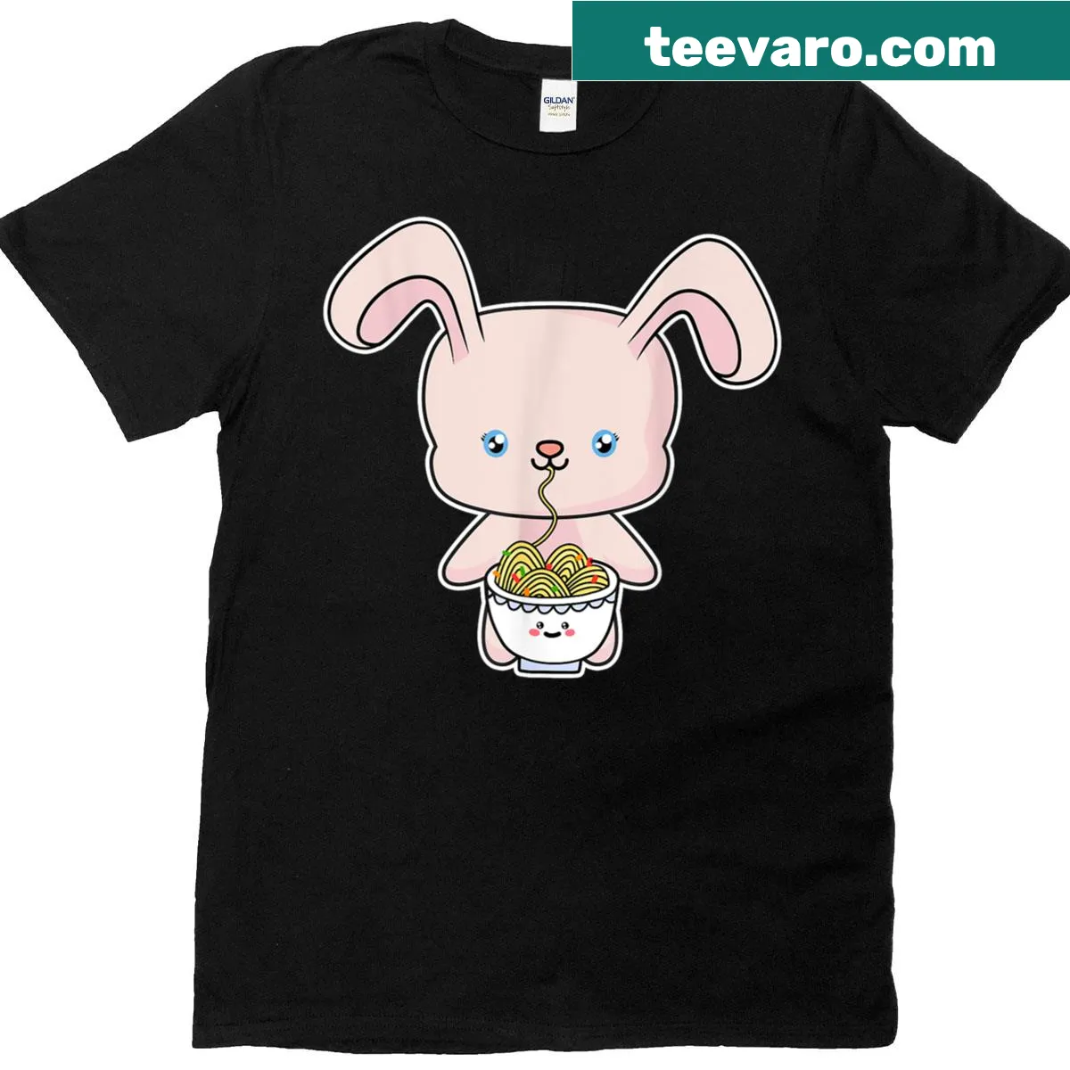 Kawaii kids t-shirt featuring a rabbit with ramen noodles — on a men's t-shirt