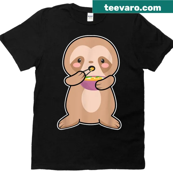 Kawaii t-shirt featuring a sloth with a balloon and ramen noodles