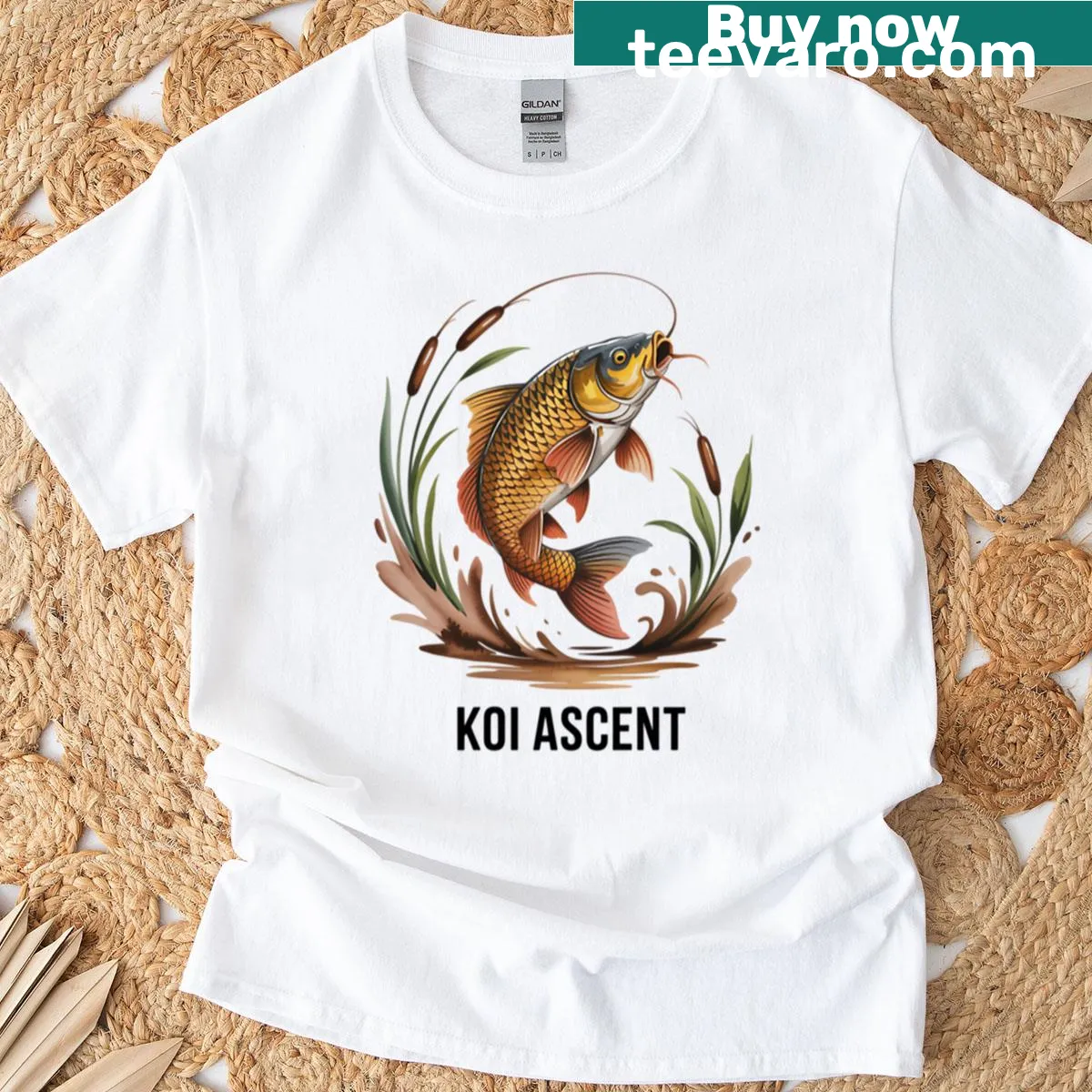 Koi fish ascending design T-shirt symbolizing perseverance — on a men's t-shirt