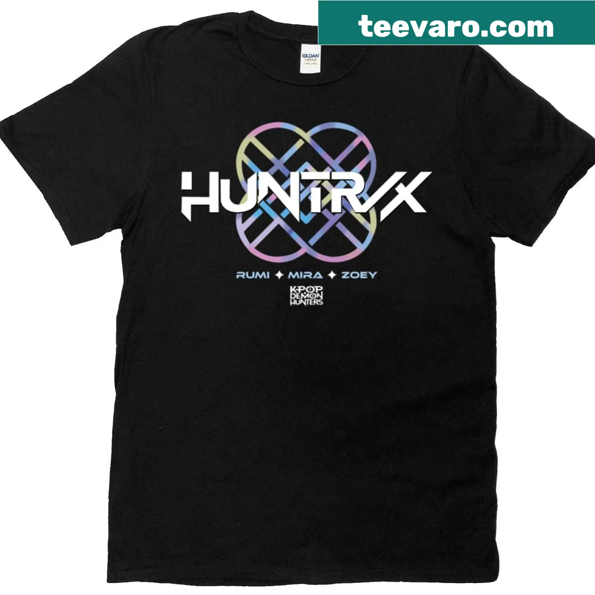 Oversized Kpop Demon Hunters Huntrix Logo T-shirt — on a men's t-shirt