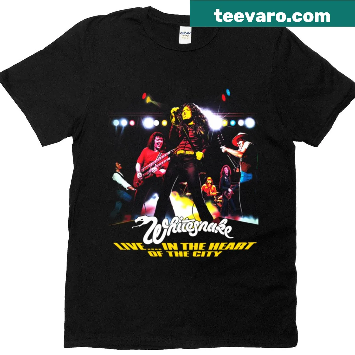 T-shirt celebrating the band Whitesnake with a live concert graphic. — on a men's t-shirt