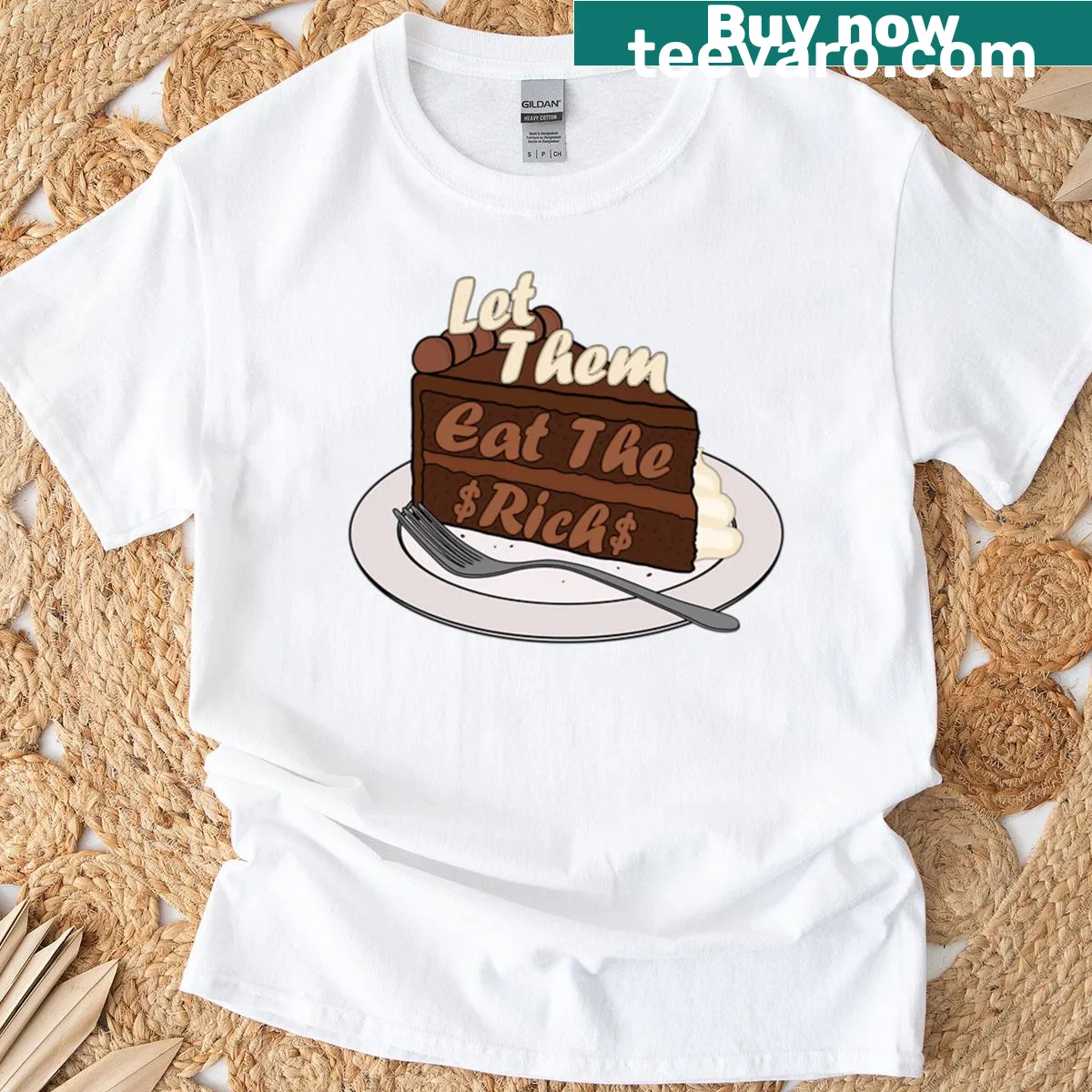 Bold t-shirt featuring the phrase 'Let Them Eat The Rich' design. — on a men's t-shirt
