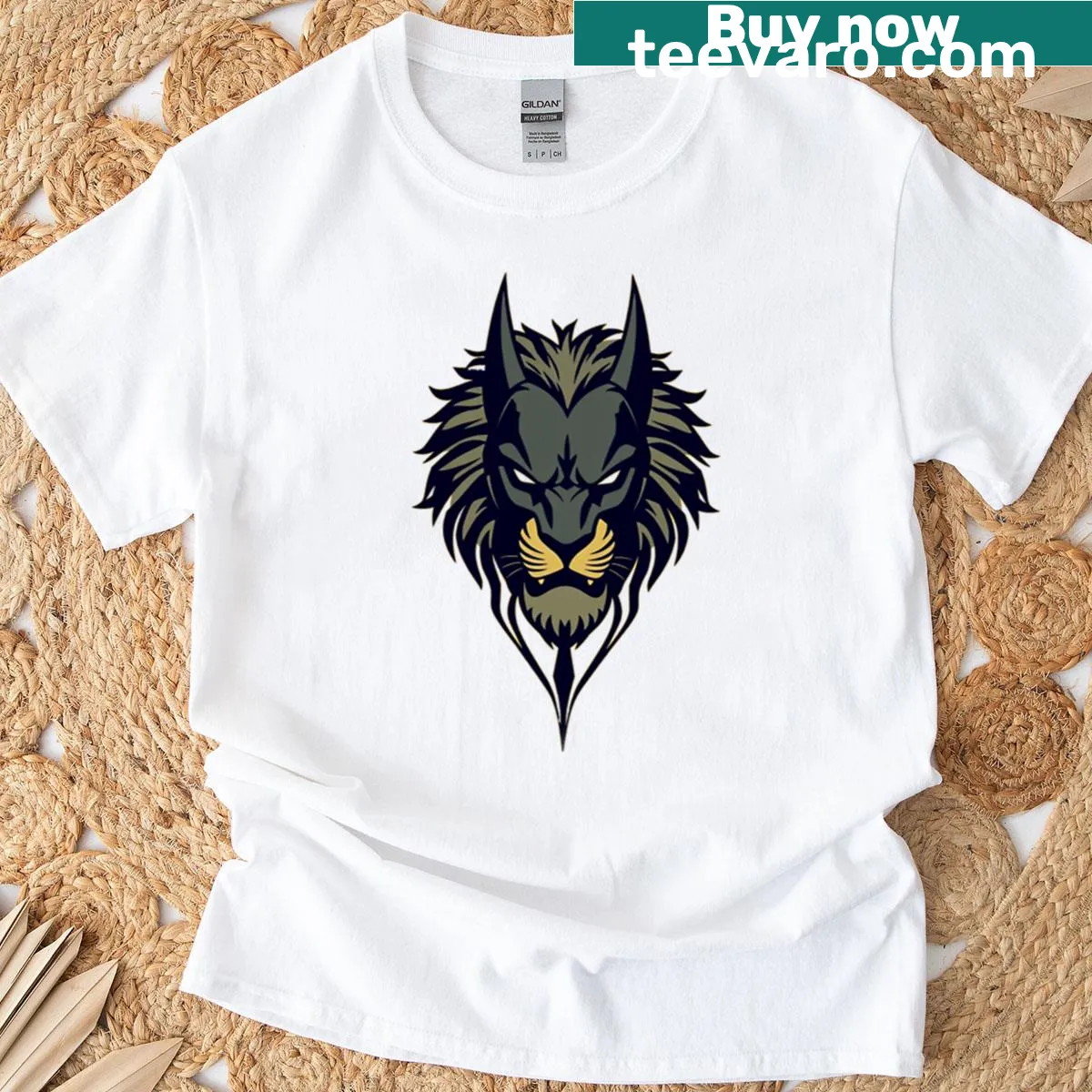 Fierce hybrid animal logo T-shirt with lion and wolf design — on a men's t-shirt