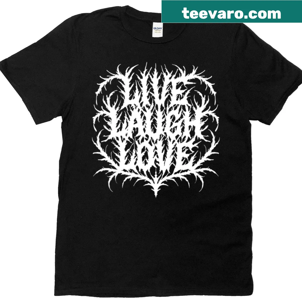 Ironic death metal logo T-shirt with 'Live Laugh Love' theme — on a men's t-shirt
