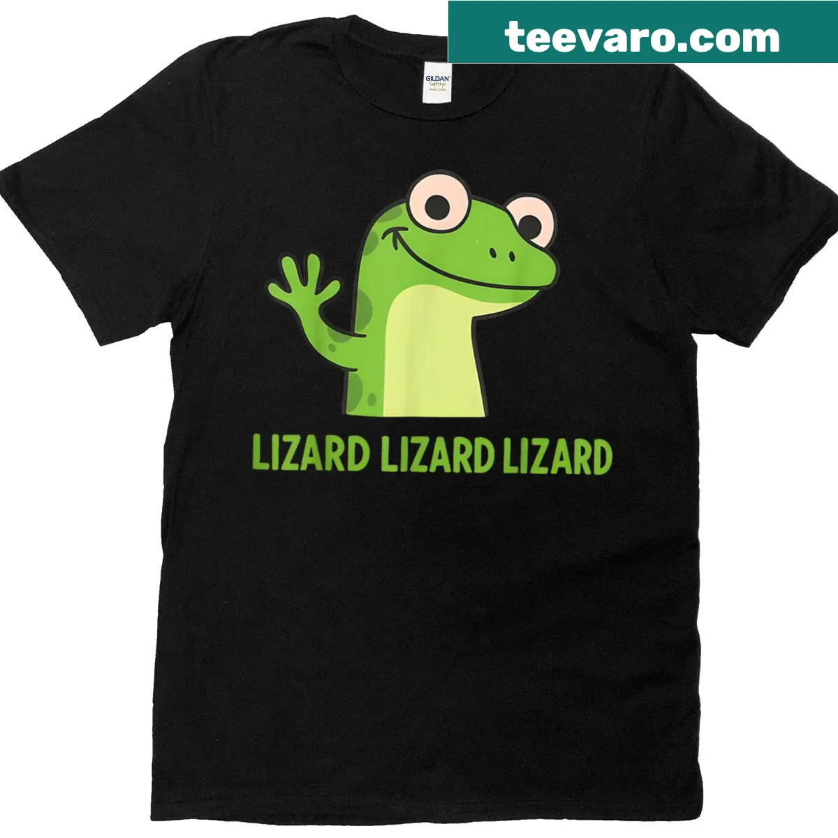Funny t-shirt with 'Lizard Lizard Lizard' and cartoon lizards — on a men's t-shirt