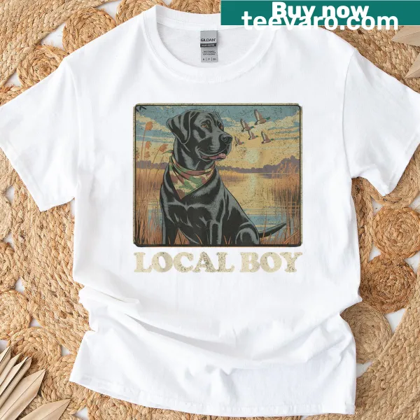 Vintage T-shirt with a black lab dog in a marsh scene at sunset