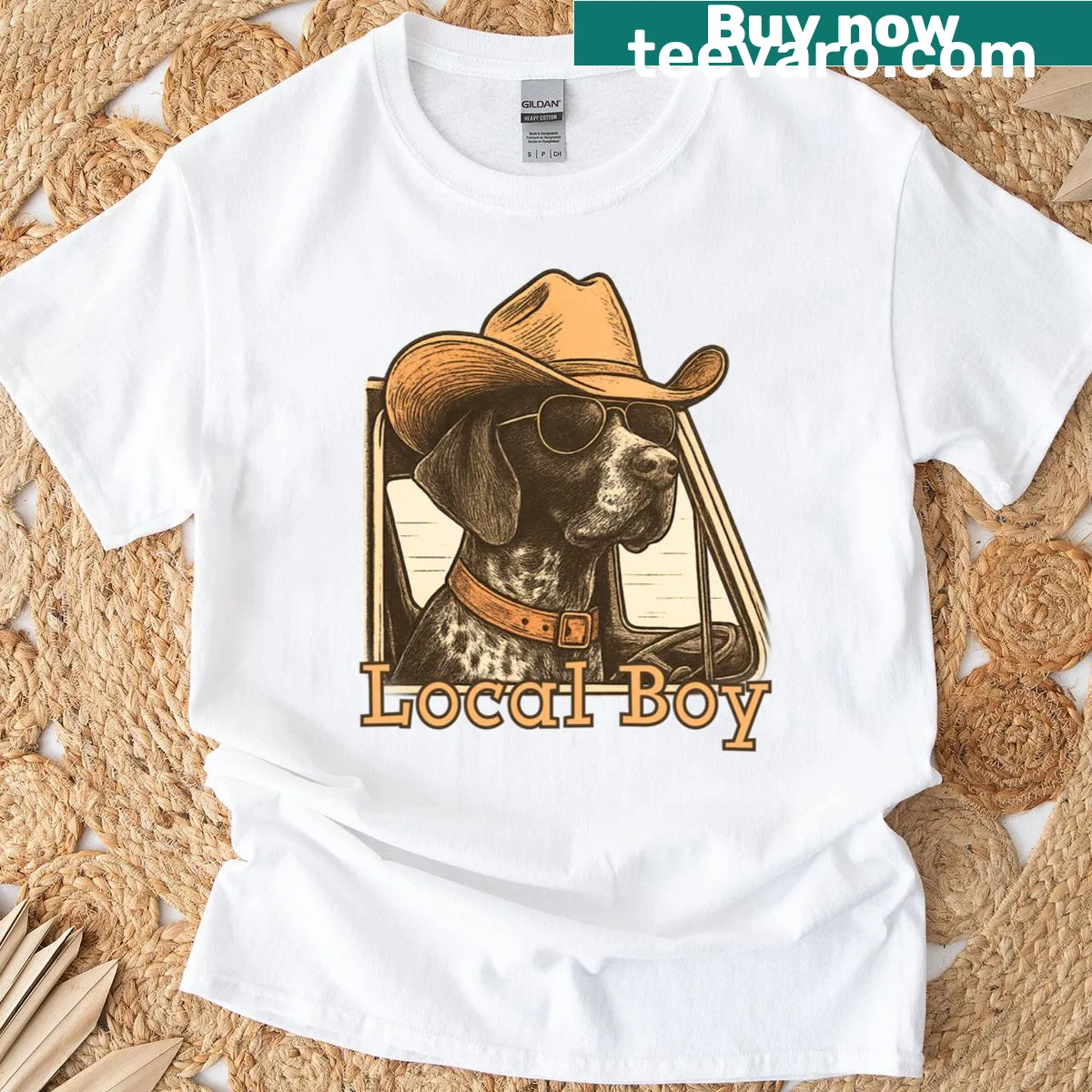 Retro graphic Local Boy Hunting Dog T-shirt celebrating Southern pride — on a men's t-shirt