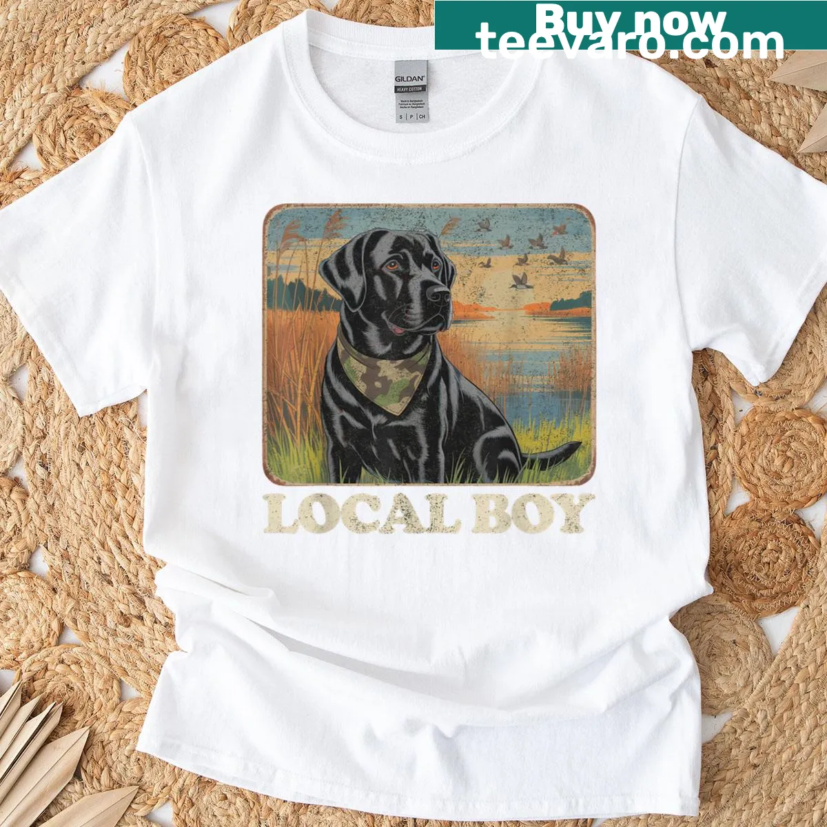 Vintage T-shirt with Black Lab illustration for duck hunting — on a men's t-shirt