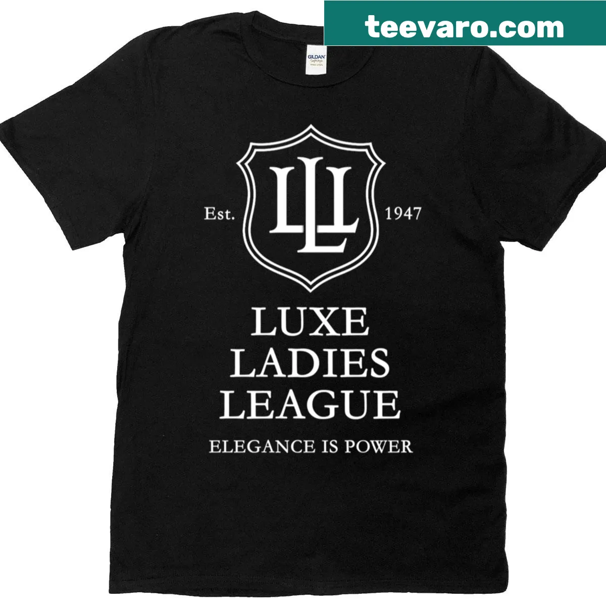 T-shirt featuring Luxe Ladies League crest and the phrase 'Elegance Is Power' — on a men's t-shirt