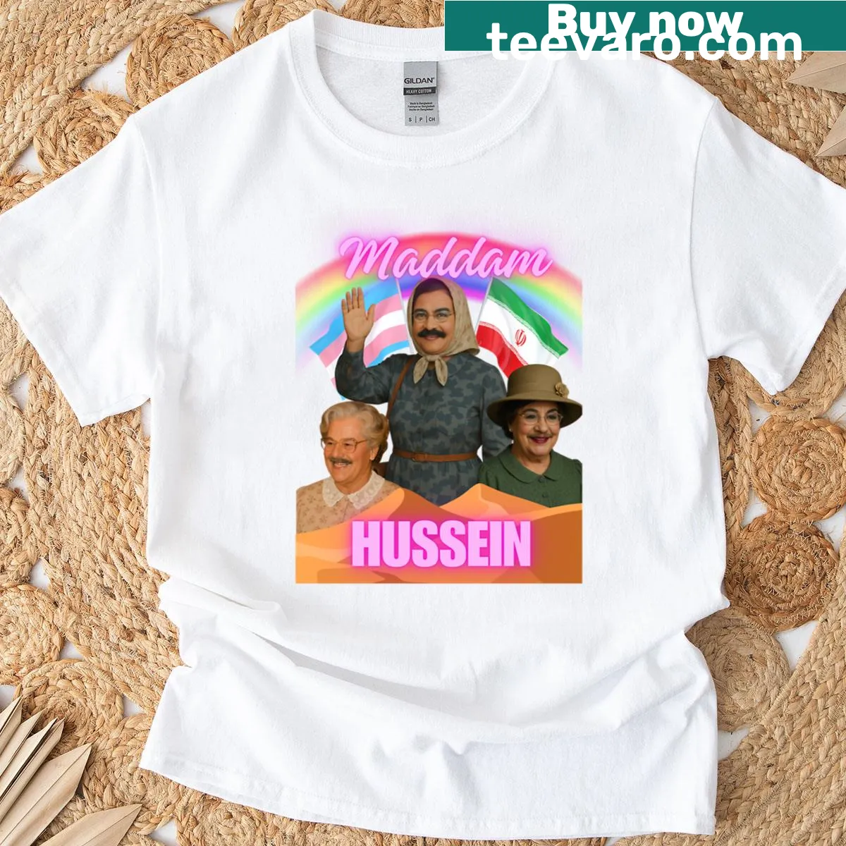 Distressed T-shirt celebrating Maddam Hussein as a trans icon — on a men's t-shirt