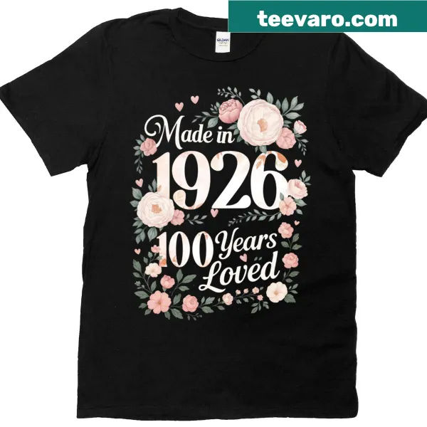 Floral graphic T-shirt celebrating 100 years for a birthday.