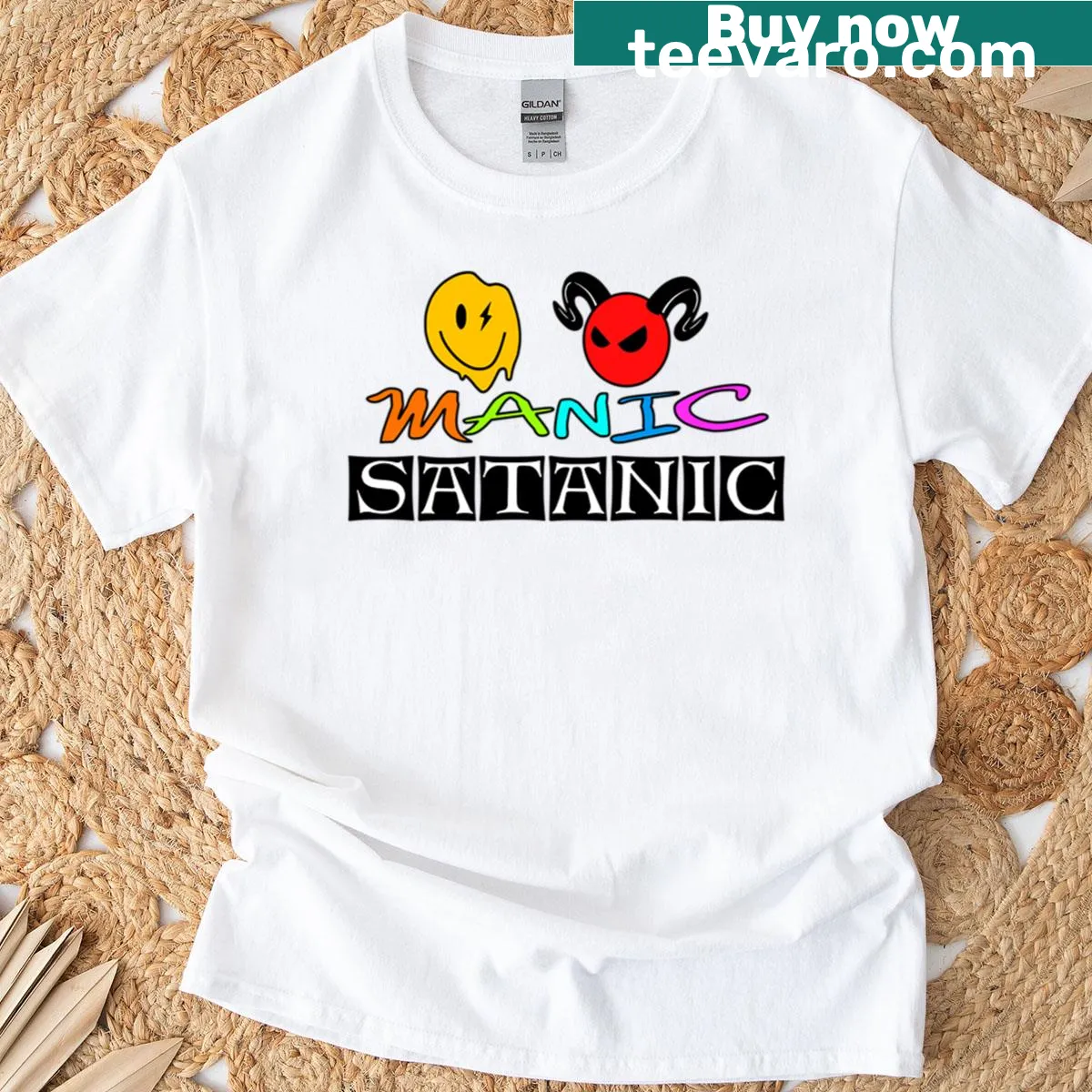 Manic Satanic oversized logo graphic T-shirt — on a men's t-shirt