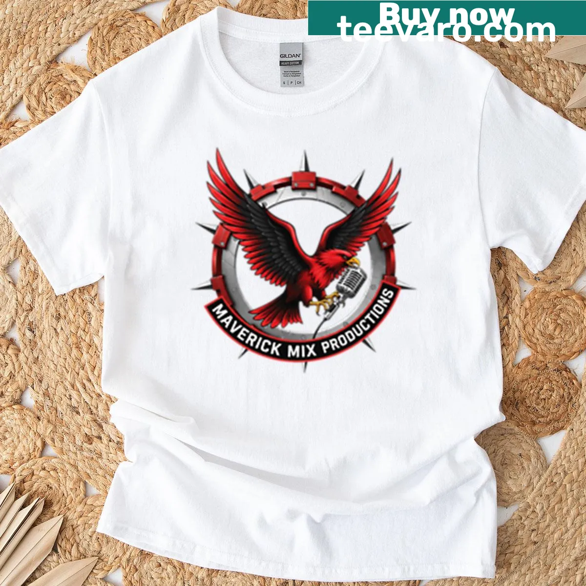 Colorful T-shirt with Maverick Mix Productions graphic — on a men's t-shirt
