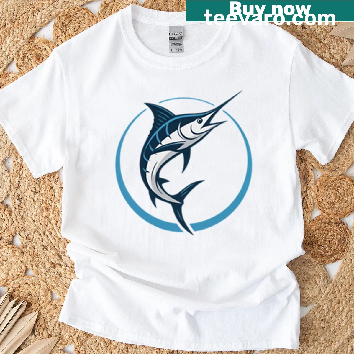 Minimalist marlin logo on a nautical style t-shirt — on a men's t-shirt