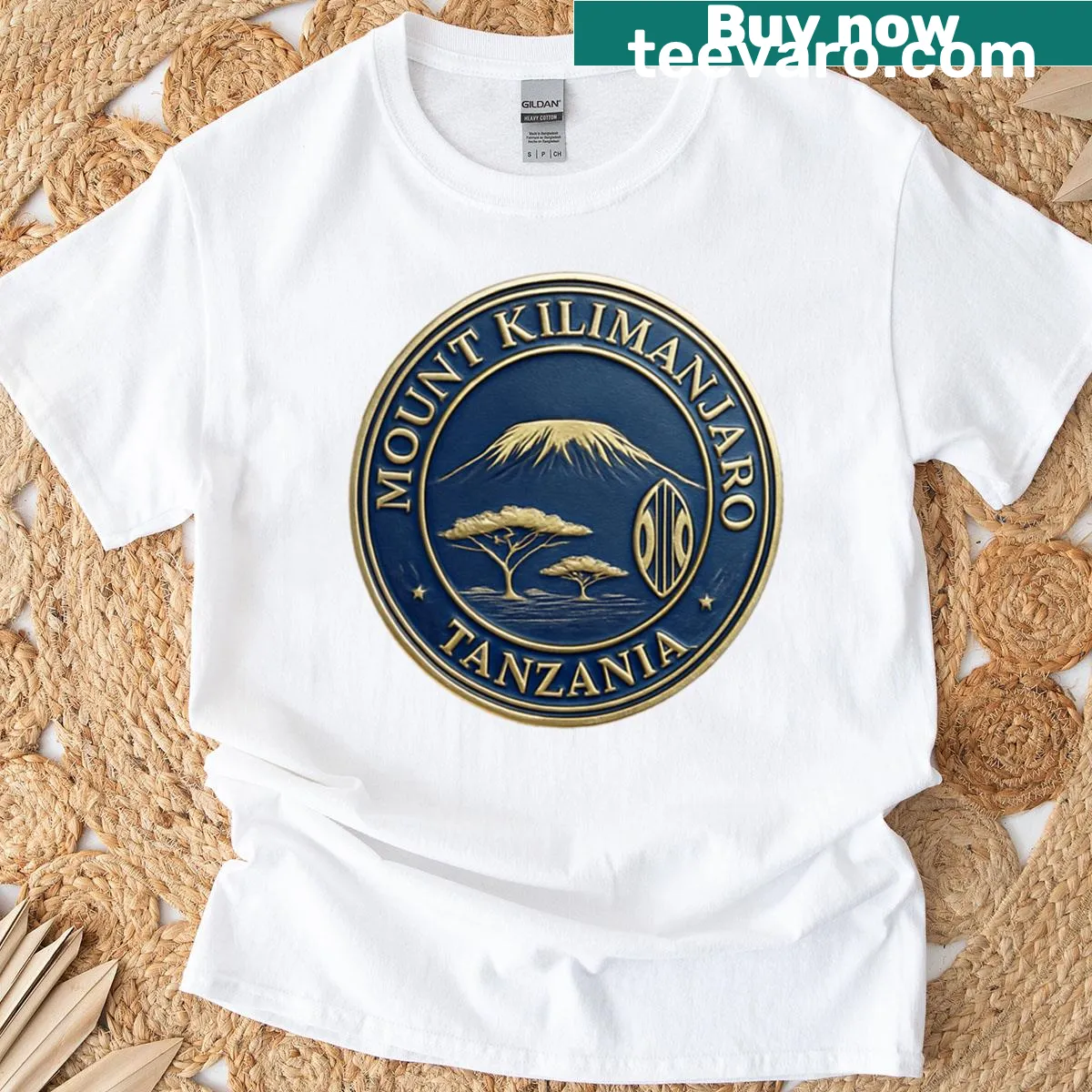 T-shirt featuring Mount Kilimanjaro and National Park Tanzania text — on a men's t-shirt