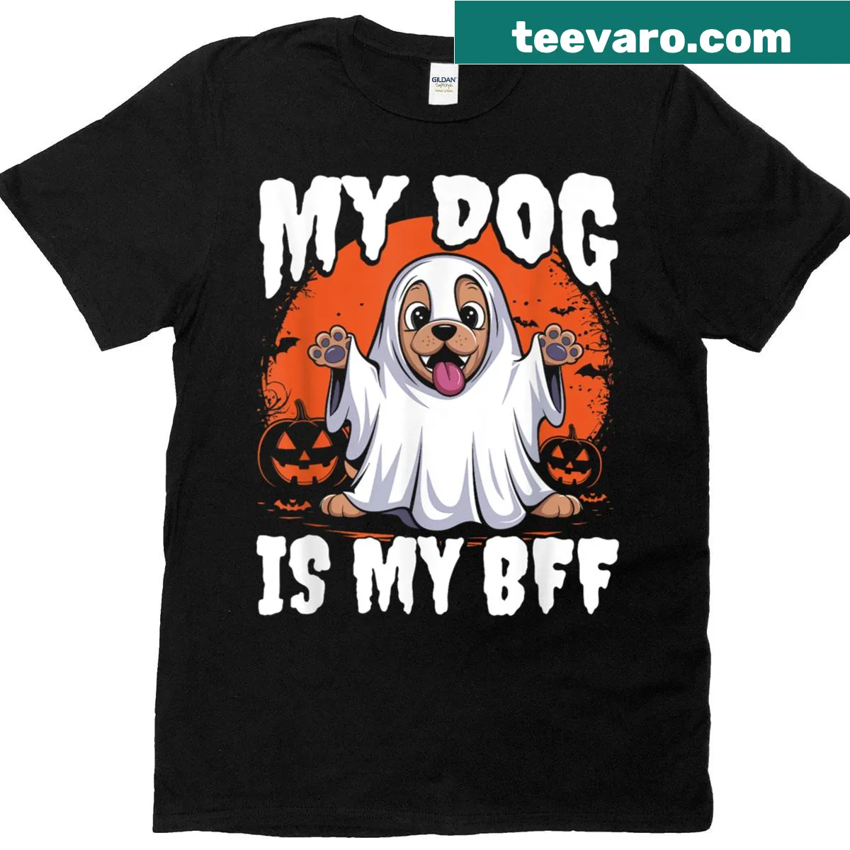 Cute Halloween ghost puppy graphic t-shirt — on a men's t-shirt