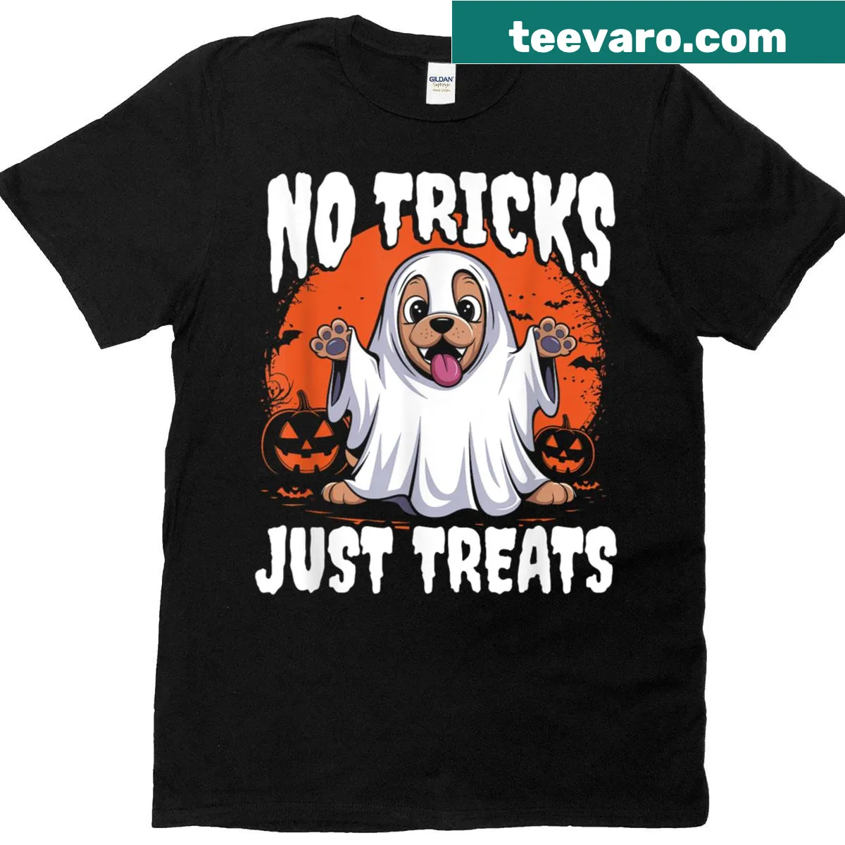 Funny Halloween t-shirt with cartoon ghost and dog graphic — on a men's t-shirt