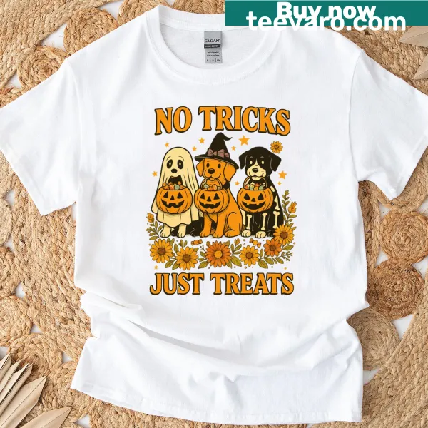 Funny Halloween t-shirt with ghosts, pumpkins, and dog costumes