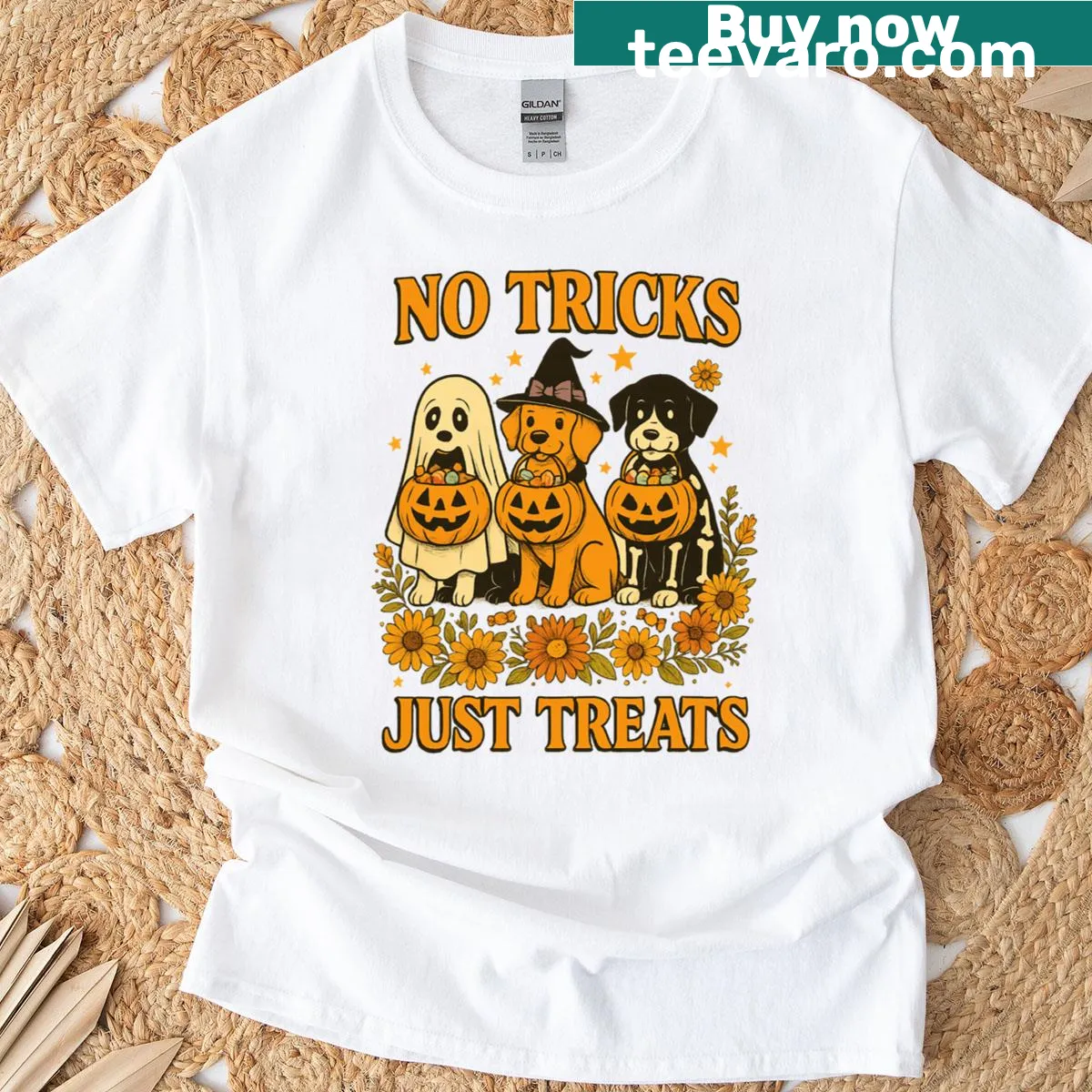 Funny Halloween t-shirt with ghosts, pumpkins, and dog costumes — on a men's t-shirt