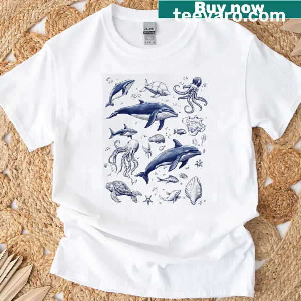 Retro T-shirt with tattoo-style graphics of sea animals