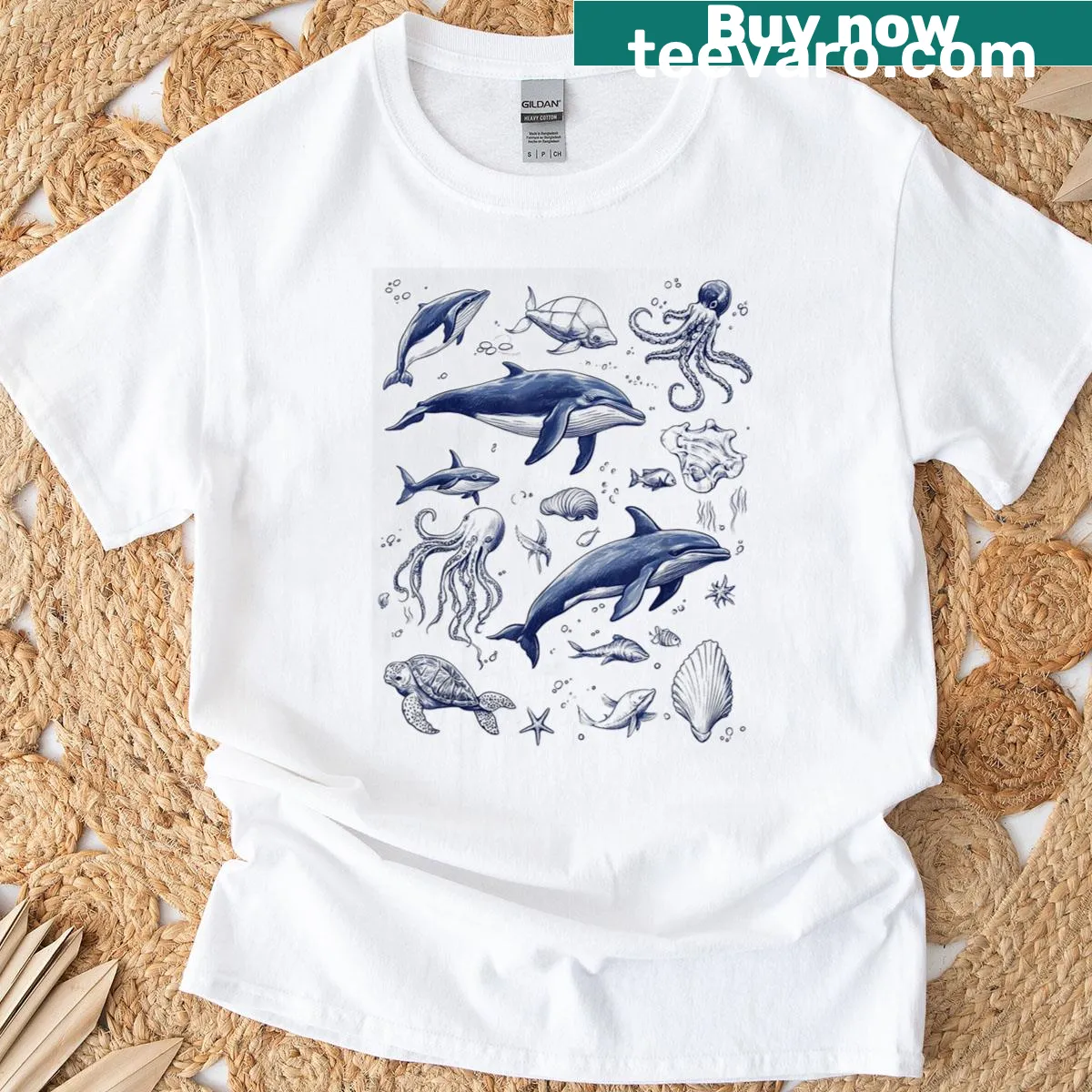Retro T-shirt with tattoo-style graphics of sea animals — on a men's t-shirt