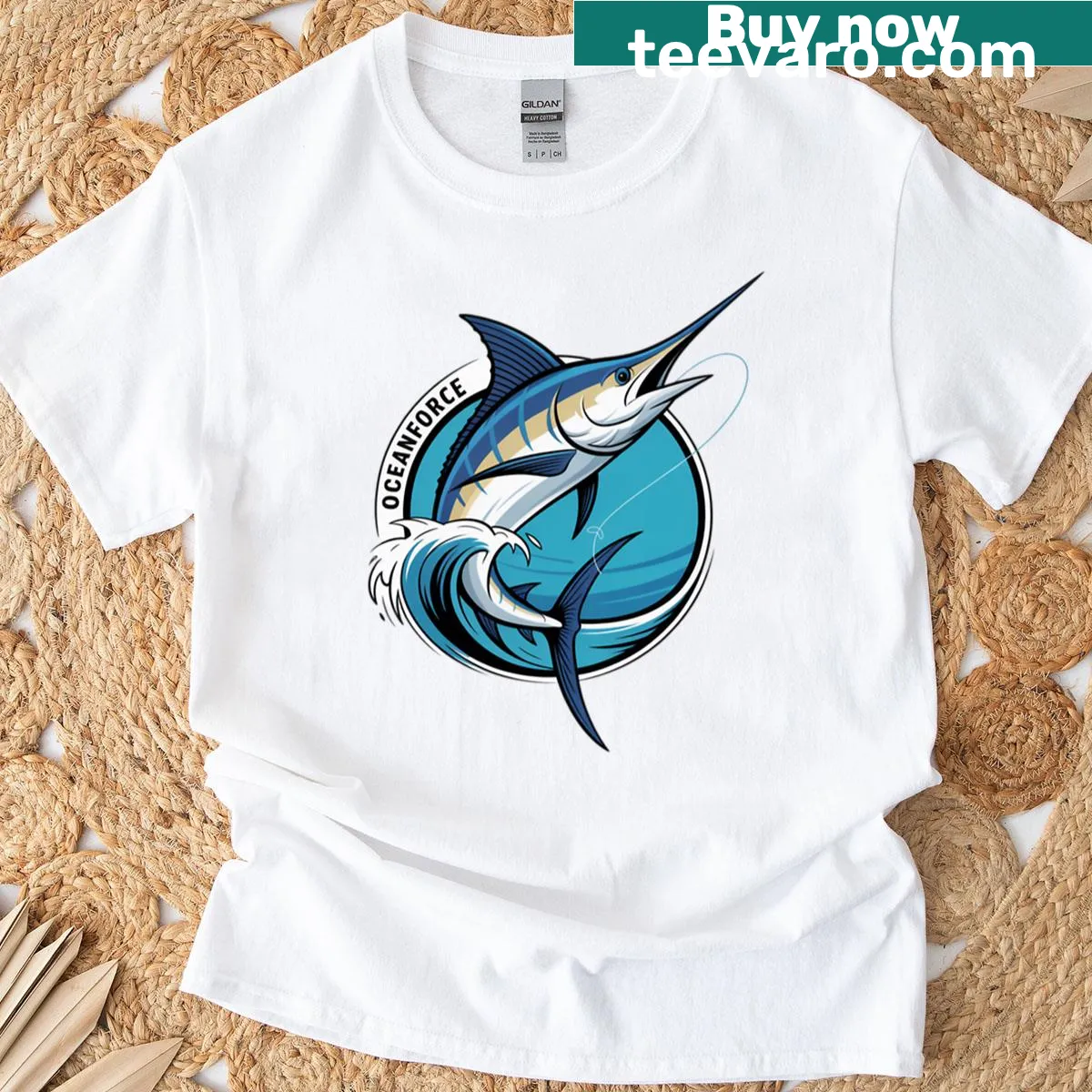 Sport fishing design featuring a marlin in action on a T-shirt. — on a men's t-shirt