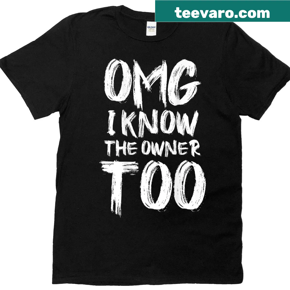 T-shirt with humorous text on the back about knowing the dog owner — on a men's t-shirt