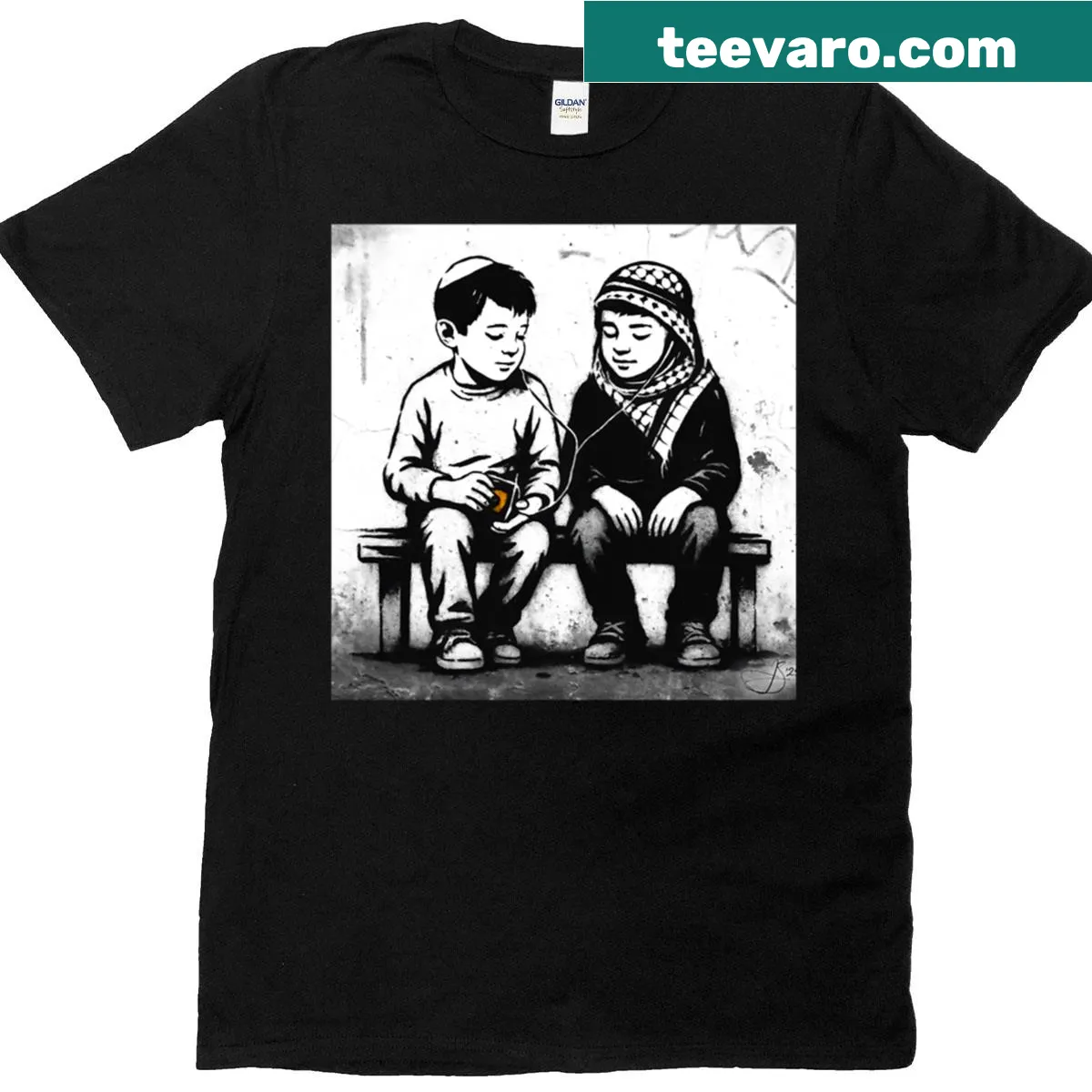 Illustrative t-shirt with earbuds and peace message in street art style — on a men's t-shirt