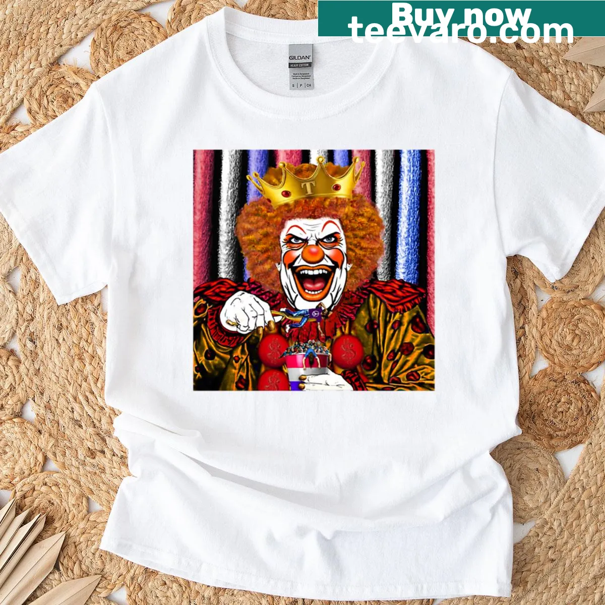Oversized T-shirt with a playful clown king graphic and bold text — on a men's t-shirt