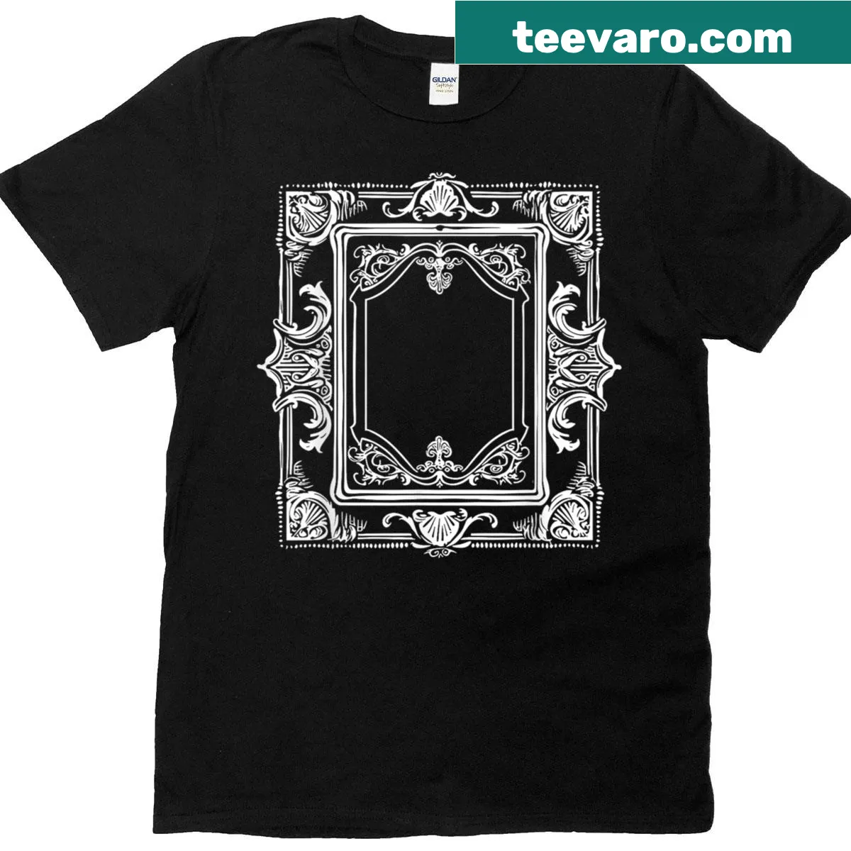 Ornate baroque frame design on a decorative line art t-shirt — on a men's t-shirt