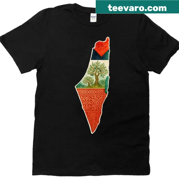 Palestine outline with flag and olive tree graphic T-shirt
