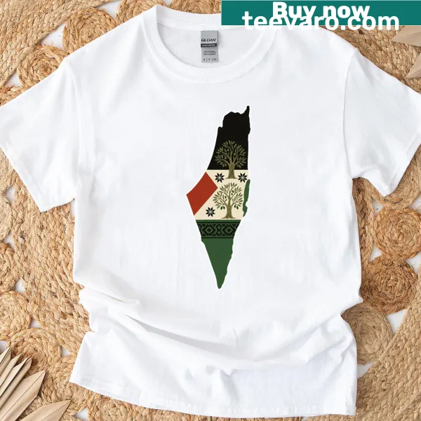 Palestine outline t-shirt with olive trees and Tareez pattern design.