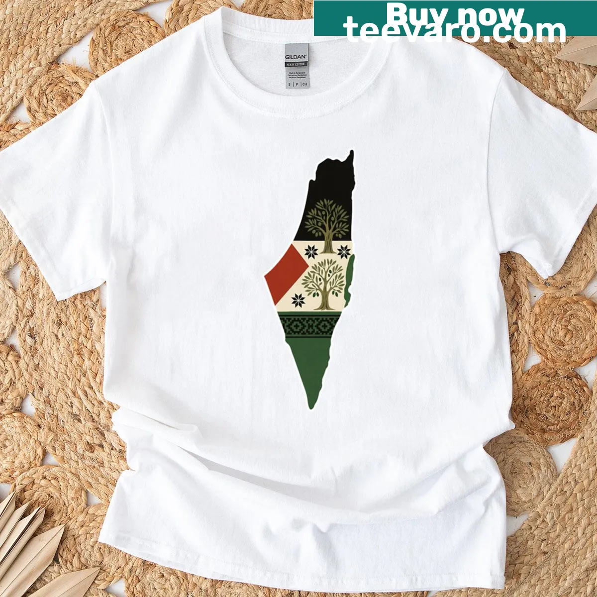 Palestine outline t-shirt with olive trees and Tareez pattern design. — on a men's t-shirt