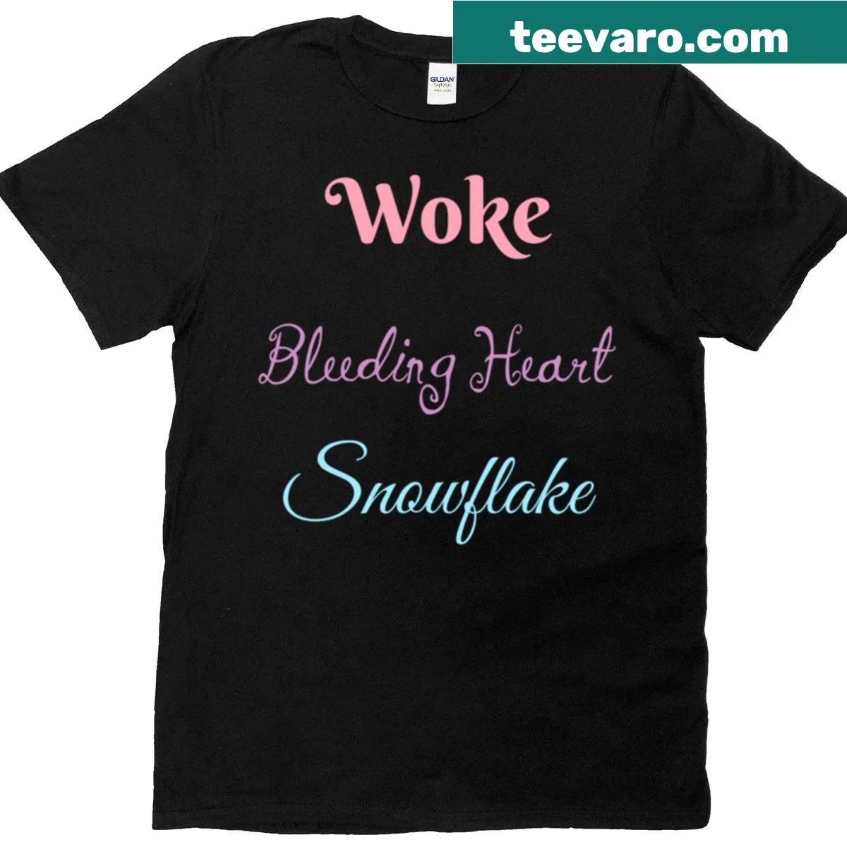 Sarcastic t-shirt with 'Woke Bleeding Heart Snowflake' slogan — on a men's t-shirt