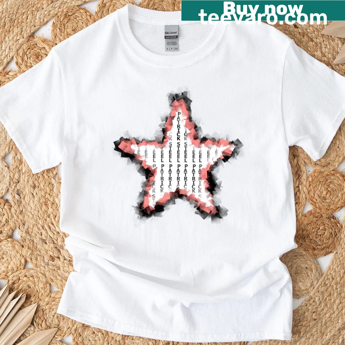 T-shirt featuring the Patrick Steel star logo design — on a men's t-shirt