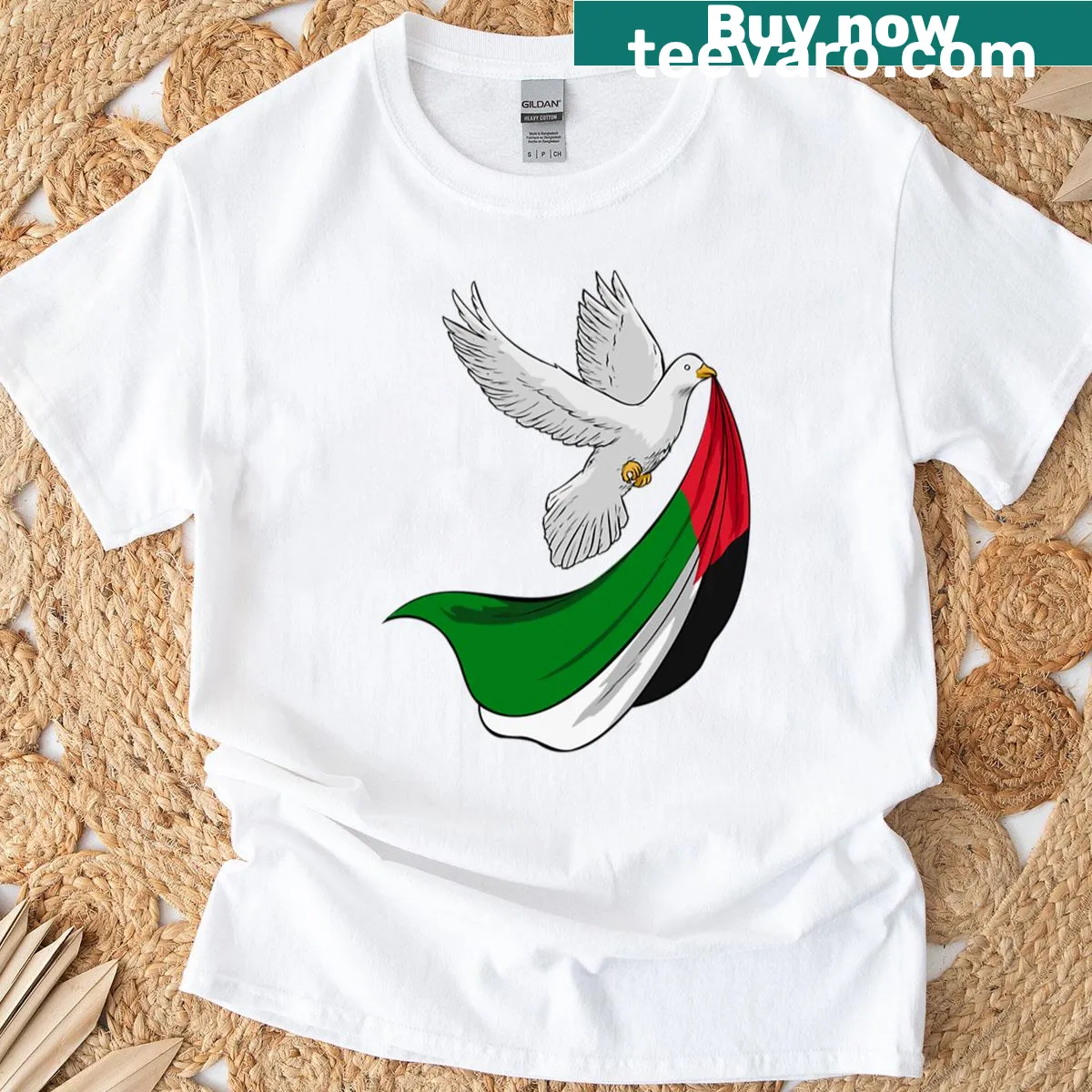 Dove graphic with Palestinian flag design — on a men's t-shirt