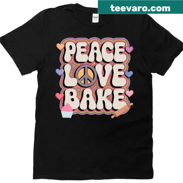 Retro baking-themed t-shirt with 'Peace Love Bake' text